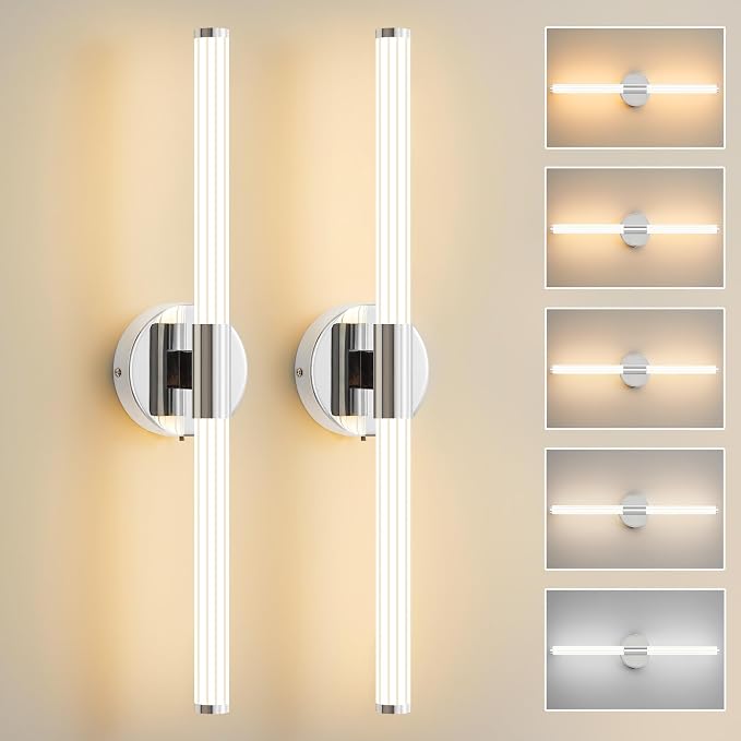 Wall Sconces Set of 2 Hardwired LED Vanity Light Chrome 23" | Dimmable 5CCT LED Bathroom Light Fixtures, 360° Full Lighting, Modern Vanity Light Bar for Bathroom Mirror