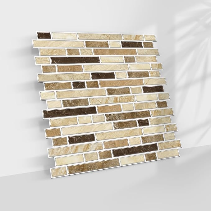 Alwayspon 10 Sheets 12" x12inch Brown Marble Effect Vinyl Tiles, Backsplash, Self-Adhesive Peel and Stick Wall Tile Stickers, Stick on Subway Tiles for Kitchen Bathroom Wall Decor