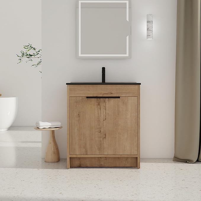SSLine 30-Inch Bathroom Vanity with Sink Mid-Century Bathroom Vanities with Black Top Basin Floor Wood Bathroom Sink Cabinet with Soft-Close Doors & Adjustable Storage Shelves (Natural Brown)