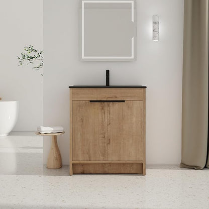 SSLine 30-Inch Bathroom Vanity with Sink Mid-Century Bathroom Vanities with Black Top Basin Floor Wood Bathroom Sink Cabinet with Soft-Close Doors & Adjustable Storage Shelves (Natural Brown)
