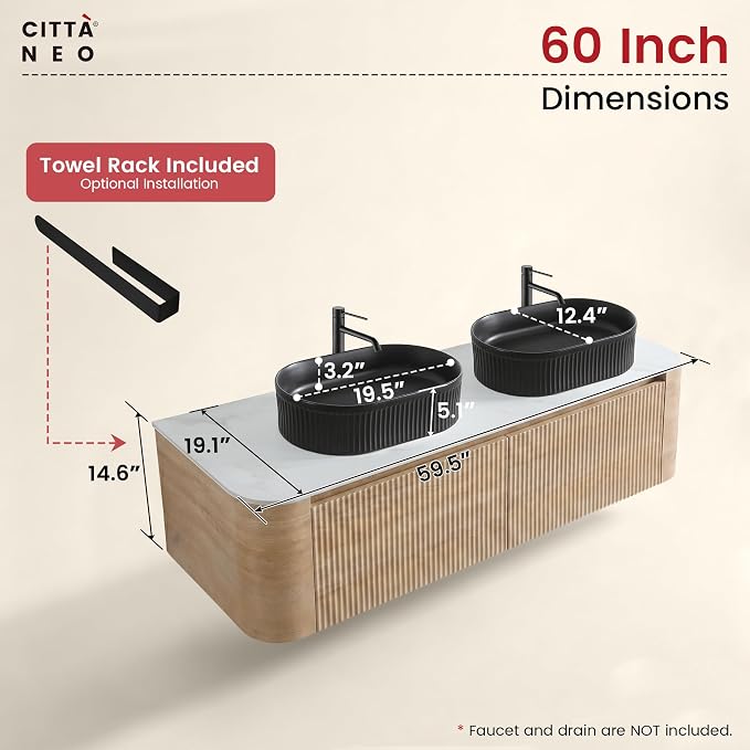 60" Floating Bathroom Vanity with Double Black Sink, Honey Oak | Pre-Assembled Fluted Wall Mounted Double Sink Vanity with Sintered Stone Countertop, Soft-Close Drawers & Towel Rack