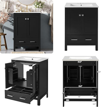 24" Freestanding Bathroom Vanity with Sink, Floor Stand Bathroom Storage Cabinet with Ceramic Sink, Doors with Double-Layered Storage Shelves, Modern Compact Vanity with Divided Drawer, Black