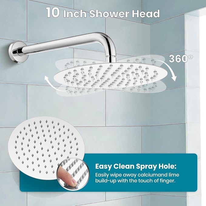 gotonovo High Pressure Shower System Valve and Trim Kit,Polish Chrome | Round Rain 10 Inch Shower Head with Handheld Faucet Set Complete,Rough In Valve,2-in-1 Diverter,All Metal,Bathroom Wall Mount