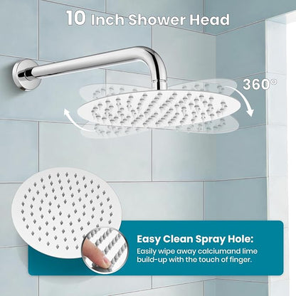 gotonovo High Pressure Shower System Valve and Trim Kit,Polish Chrome | Round Rain 10 Inch Shower Head with Handheld Faucet Set Complete,Rough In Valve,2-in-1 Diverter,All Metal,Bathroom Wall Mount