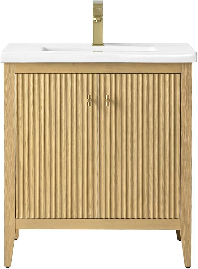 HOMEBEYOND 30" Bathroom Vanity with Ceramic Sink, Solid Wood Free-Standing Vanities Cabinet, Ceramic Top, Golden Brushed Handware & Soft Closing Door, Natural Oak