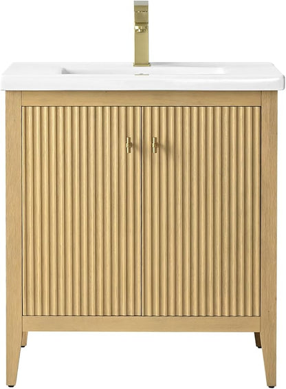 HOMEBEYOND 30" Bathroom Vanity with Ceramic Sink, Solid Wood Free-Standing Vanities Cabinet, Ceramic Top, Golden Brushed Handware & Soft Closing Door, Natural Oak
