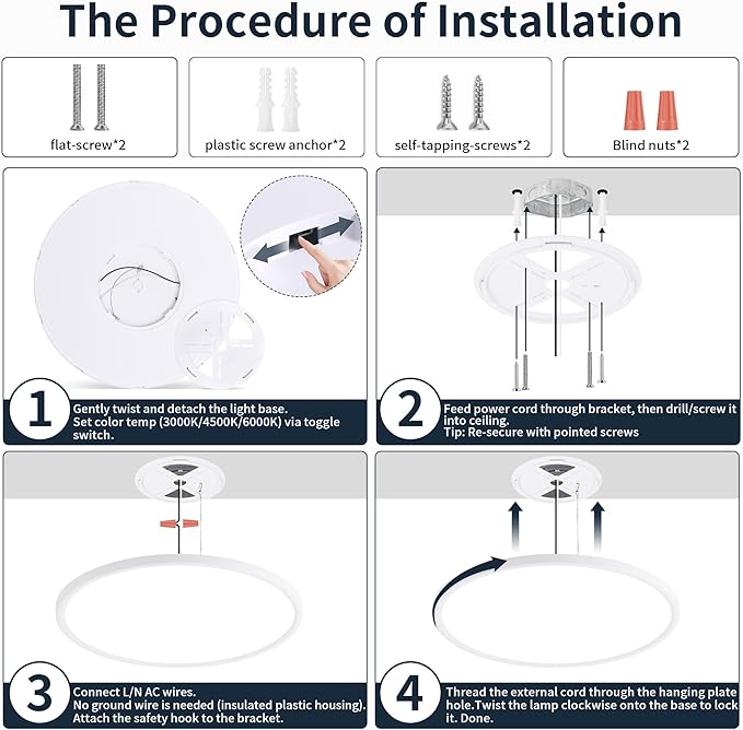 MOONSEA 20 Inch LED Dimmable Ceiling Light Fixture 40W - Round Flush Mount Adjustable 3000K/4500K/6000K Large Kitchen Light Fixture, 4000lm Hallway Light Fixtures for Bedroom, White