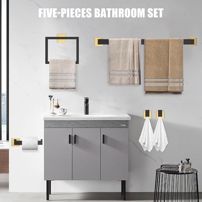 5 Piece Black and Gold Towel Bar Set - Gold and Black Bathroom Accessories with 2 Towel Hook, Stainless Steel Wall Mounted Bathroom Towel Rack Set - Square 16-Inch