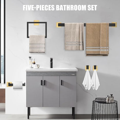 5 Piece Black and Gold Towel Bar Set - Gold and Black Bathroom Accessories with 2 Towel Hook, Stainless Steel Wall Mounted Bathroom Towel Rack Set - Square 16-Inch