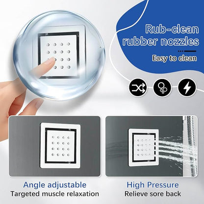 AlenArt Stainless Steel LED Shower Panel Tower System, Bathroom 5-Function Shower Panel Tower with LED Rainfall Waterfall Shower Head, Massage Jets, Tub Spout, Handheld Shower, Black-8126
