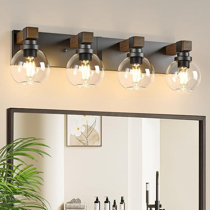 Farmhouse Bathroom Vanity Light Fixtures, 4-Light Wood Bathroom Light Fixtures Over Mirror, Rustic Vanity Lighting with Glass Shade for Living Room, Bedroom, Hallway