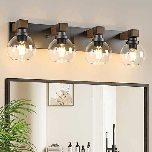 Farmhouse Bathroom Vanity Light Fixtures, 4-Light Wood Bathroom Light Fixtures Over Mirror, Rustic Vanity Lighting with Glass Shade for Living Room, Bedroom, Hallway