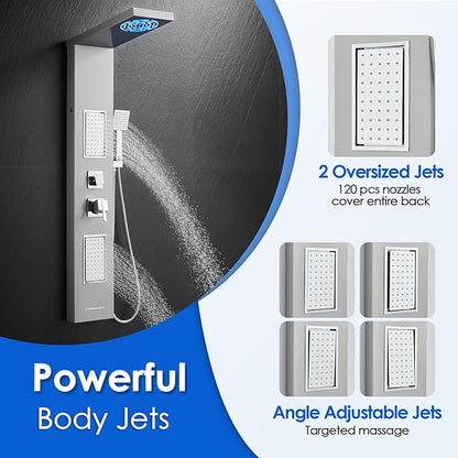 ROVOGO Led Shower Panel Tower System, 2-Setting Lighted Shower Head (Rainfall & Mist Mode), Large Body Jets, Handheld and Tub Spout, 50" Stainless Steel Shower Column with Mixer Valve, Brushed