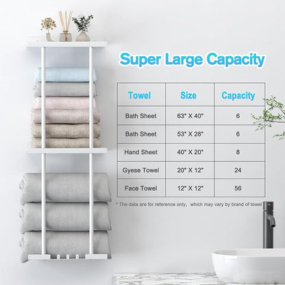 Liuoud Towel Rack for Bathroom, Wall Mounted Vertical Rolled Towel Storage Organizer Holder with Shelf, Holds Up 6 Large Bath Sheets, White Large Size