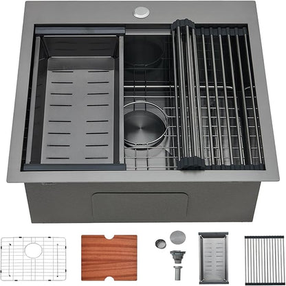 21 Inch Black Drop In Kitchen Sink, 21x20 Inch Gunmetal Black Top Mount 16 Gauge Stainless Steel Single Bowl Workstation RV Small Kitchen Outdoor Laundry Wet Prep Sink with Accessories