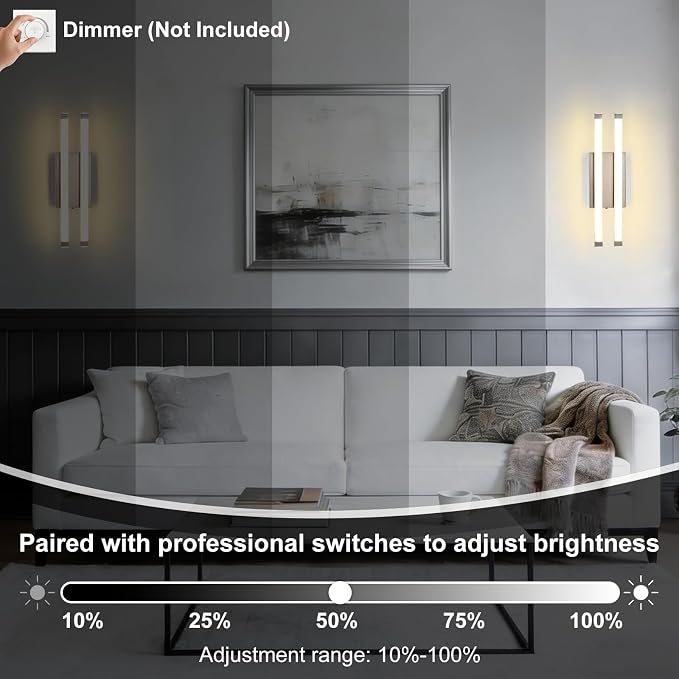 Bathroom Vanity Light Bar, 24 Inch 18W 3CCT Dimmable Modern LED Vanity Wall Light, Brushed Nickel Acrylic Hardwired Bathroom Light Fixtures over Mirror, Powder Room, Hallway, Washroom, Bath Entryway