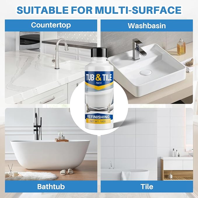 Tub and Tile Paint, 3.5 oz Tub Paint for Bathtub, 1-Part Bathtub Touch Up Paint White for Sink Bathroom Kitchen Countertop, Water Based & Low Odor, Semi-Gloss white,5-5.5 sq ft (No Need Part B)