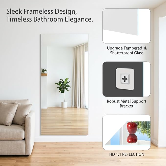KOCUUY Frameless Full Length Mirror, 60"x28" Bathroom Mirror for Over Sink, Upgraded Shatterproof, Large Rectangle Full Body Mirror for Bedroom, Living Room, Entryway, Hang Horizontal/Vertical
