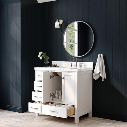 ARIEL Cambridge 36-inch Bathroom Vanity with Sink,Solid Wood, 1.5-inch Pure White Quartz Countertop & Backsplash, Single Rectangular Porcelain Sink, 2 Soft Closing Doors, 5 Dovetail Drawers, White