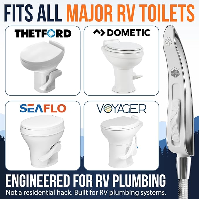 RV Handheld Bidet Sprayer for All RV Toilets, 5' Hose | Fits all RV toilets with adjustable spray pressure, backflow preventer, stay-seated design, and extra-long 5' hose