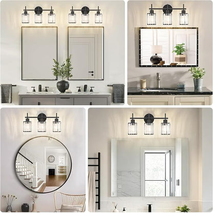 Black Bathroom Light Fixtures, Square, 3-Light | Vanity Lights with Crystal Shades, Modern Bathroom Lighting Fixtures over Mirror (Bulbs Not Included, E26)