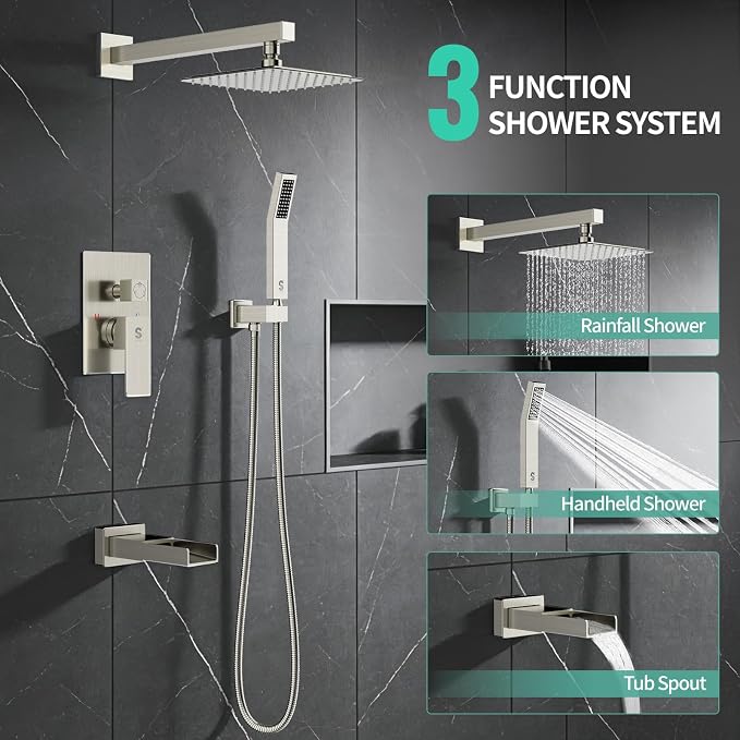 SR SUN RISE 8 Inch All Metal Square Shower System with Tub Spout, Tub Shower Faucet Set, High Pressure Rain Shower Head and Handheld Sprayer Shower Fixtues, Valve Included, Brushed Nickel