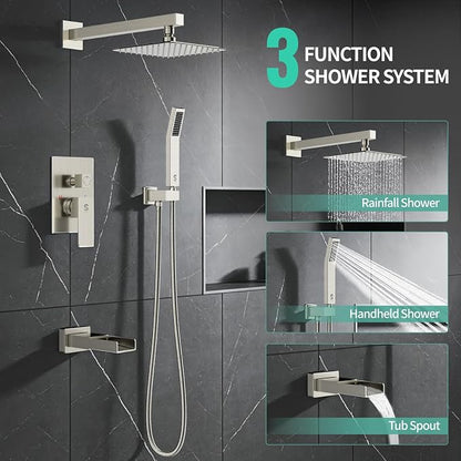 SR SUN RISE 8 Inch All Metal Square Shower System with Tub Spout, Tub Shower Faucet Set, High Pressure Rain Shower Head and Handheld Sprayer Shower Fixtues, Valve Included, Brushed Nickel