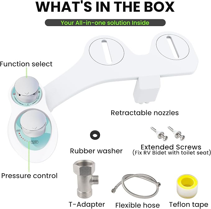 RV Bidet Toilet Seat Attachment, RV Bidet for Camper Toilet with Dual Nozzles, Self/Rear/Front Cleaning, Non-Electric, Adjustable Water Pressure, Fresh Water