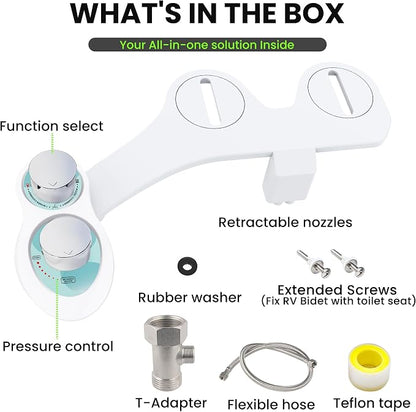 RV Bidet Toilet Seat Attachment, RV Bidet for Camper Toilet with Dual Nozzles, Self/Rear/Front Cleaning, Non-Electric, Adjustable Water Pressure, Fresh Water