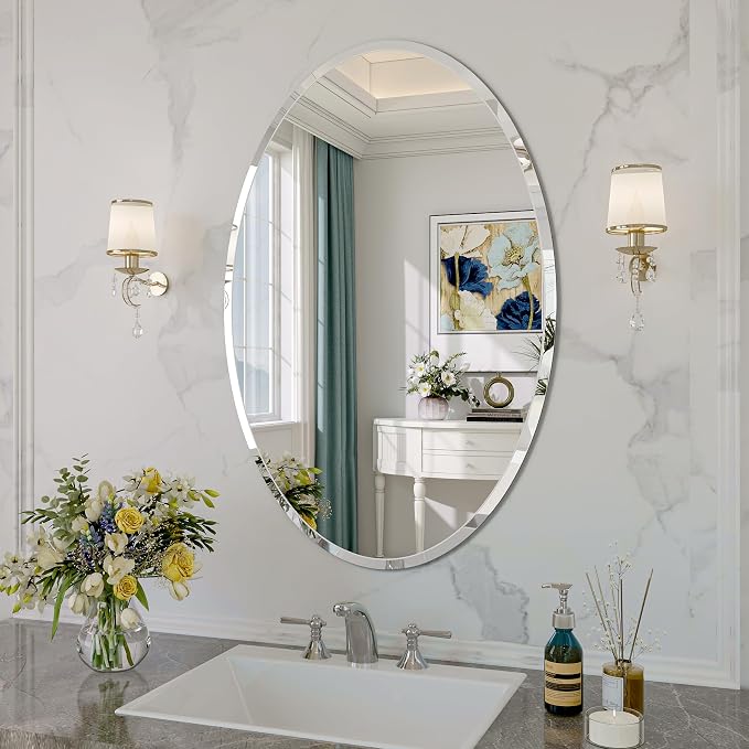 Frameless Oval Mirror, 20"x30" Oval Beveled Bathroom Mirrors | Frameless, 15mm beveled edge, 5mm HD glass, anti-rust, french cleat, horizontally or vertically, for bathroom/bedroom