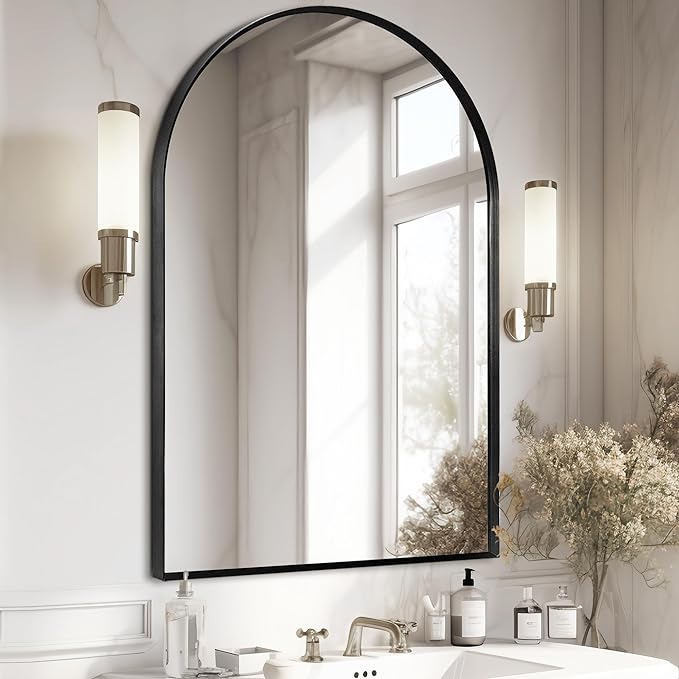 Black Arched Mirror 28x36in, Metal Framed Bathroom Vanity Wall | Tempered Glass, Shatter Proof, Living Room Bedroom Entryway, Modern Elegant Design