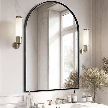 Black Arched Mirror 28x36in, Metal Framed Bathroom Vanity Wall | Tempered Glass, Shatter Proof, Living Room Bedroom Entryway, Modern Elegant Design