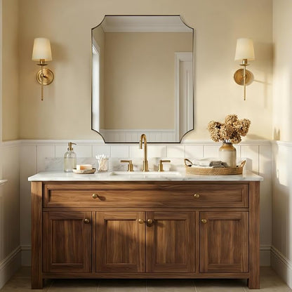 Scalloped 32"x40" Brushed Gold Wall Mirror | Rustproof Stainless Steel Frame, Elegant Scalloped Edges, Horizontal & Vertical Mount, Antique Luxury Bathroom Decor