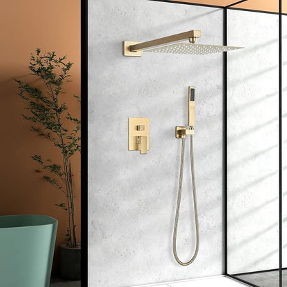 Shower Faucet Rain Shower System with 8 Inches Rainfall Shower Head and Handheld Spray Combo Bathroom Shower Faucet Set Complete Brushed Gold Shower Valve and Trim Kit Wall Mounted