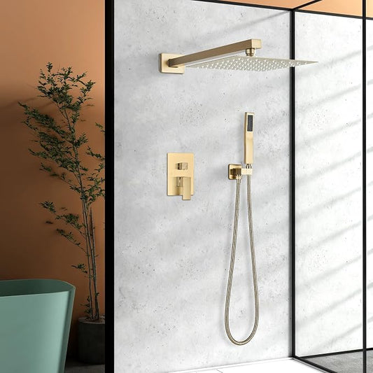 Shower Faucet Rain Shower System with 8 Inches Rainfall Shower Head and Handheld Spray Combo Bathroom Shower Faucet Set Complete Brushed Gold Shower Valve and Trim Kit Wall Mounted