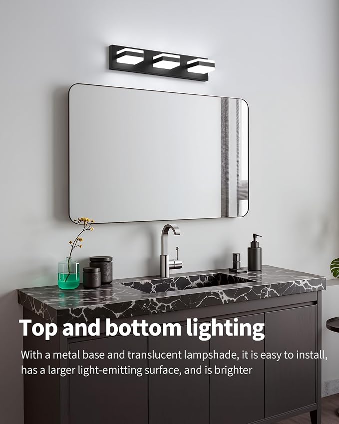 Bathroom Lighting Fixtures Over Mirror, 3 Light Black Vanity Light | Cool White, 5000K, Modern Vanity Wall Lights for Bath, Dressing Room, Restroom, 21.6 inch