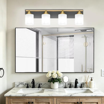 Black and Gold Bathroom Light Fixture, Modern 4 Light Vanity Lights for Bathroom Lighting Fixtures Over Mirror, White Glass Lampshade, Master & Guest bathrooms Bathroom Remodel, 27.5-inch