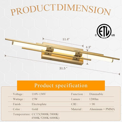 Gold LED Vanity Light 31IN Modern LED Bar Wall Light Over Vanity Mirror Hardwired Picture Light Dimmable Bathroom Wall Mount Lighting 5CCT(3000K/3800K/4500K/5200K/6000K)