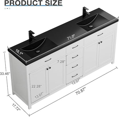 LUCKWIND 72" Bathroom Vanity and Sink Combo, Painted Modern Bathroom Storage Cabinet with Double Large Black Sink, Four Doors and Three Drawers, Include Faucet, Without Mirror, White