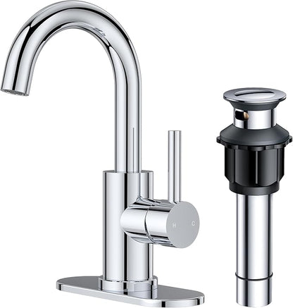 FORIOUS Single Hole Bathroom Faucets 3 Hole One Handle 360° Swivel Gooseneck Spout, Lead-Free, Suitable for Wet Bar Kitchen RV Vanity Restroom,with Pop Up Drain and Supply Line