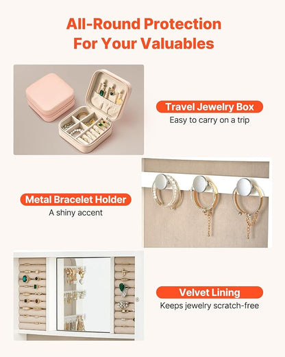 VEVOR Mirror Jewelry Cabinet, 42.5-inch Tall, Full-Length Mirror with Storage, Wall Mount/Over the Door Jewelry Armoire Organizer, Rounded Design, Lockable with 2 Keys and a Travel Organizer, White