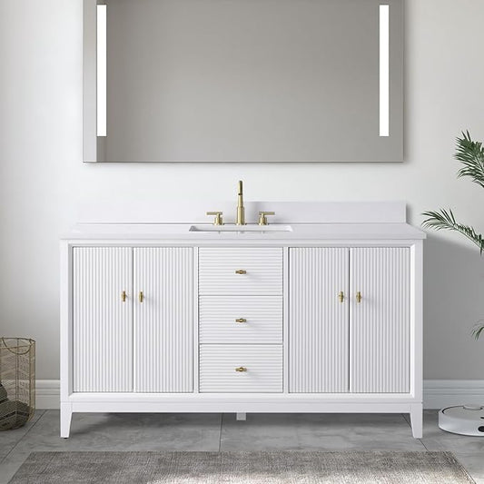 Vanity Art 60" Bathroom Vanity with Single Sink & Arabescato White Engineered Stone Top, Vanity Cabinet with Soft Closing Door, Solid Wood Frame, Golden Brushed Handles, White VA8160S-W-GB