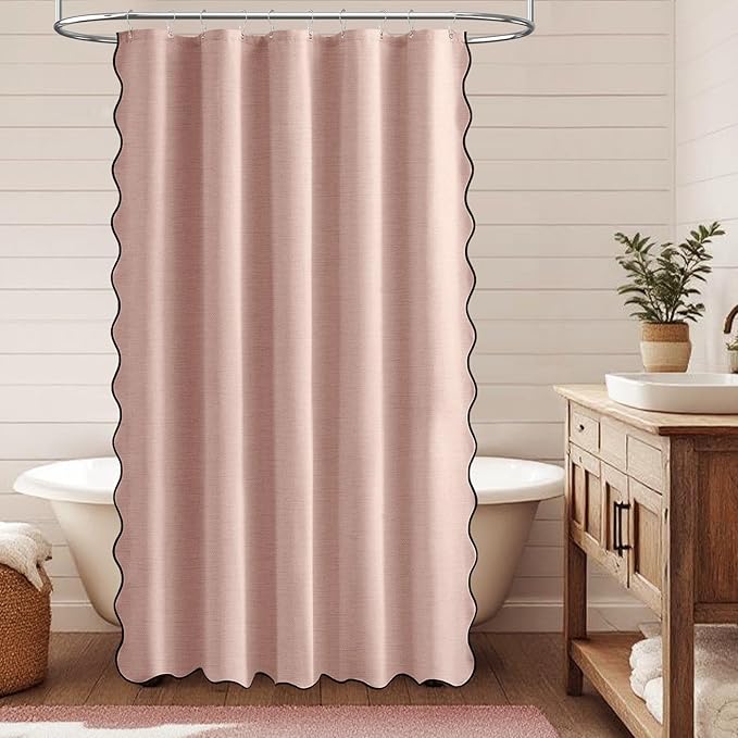BTTN Stall Shower Curtain, 54x78 Boho Scalloped Linen Textured Heavy Duty Fabric Shower Curtain Set with 10 Hooks, Narrow Cute Farmhouse Modern Waterproof Cloth Shower Curtain for Bathroom, Blush Pink