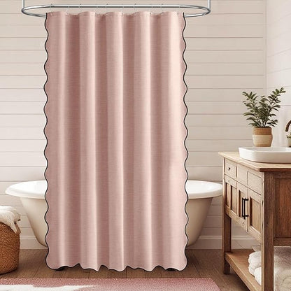BTTN Stall Shower Curtain, Boho Scalloped Linen Textured Thick Fabric Shower Curtain Set with 10 Hooks, Small Cute Modern Decorative Waterproof Cloth Shower Curtains for Bathroom, 60x72, Blush Pink