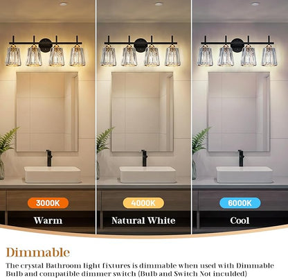 Crystal Bathroom Light Fixtures Over Mirror, Black Gold 4-Light Bathroom Vanity Lights Over Mirror Modern Wall Lighting Sconces with Ceramic E26 Base (Bulbs Not Include)