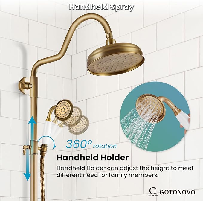 gotonovo Luxury Exposed Shower Faucet Set Bathroom Shower System 8 Inch Wall Mount Rainfall Shower Head with Handheld Spray Cross Double Handle Shower Fixture Adjustable Arc Rod Antique Brass