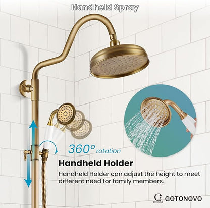 gotonovo Luxury Exposed Shower Faucet Set Bathroom Shower System 8 Inch Wall Mount Rainfall Shower Head with Handheld Spray Cross Double Handle Shower Fixture Adjustable Arc Rod Antique Brass