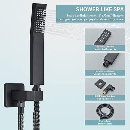 Ceiling Mount Matte Black Shower System 12 Inch Rain High Pressure Shower Head with Handheld Spray, Bathroom Shower Combo Set Rough in Valve Body and Trim Included