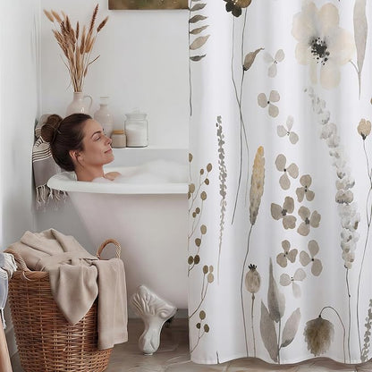No Hook Floral Shower Curtain with Liner, Beige, 71x74 | Snap in Liner, 3 in 1, Water Repellent, Easy Install, Machine Washable, Hotel Style for Bathroom, Watercolor Pattern