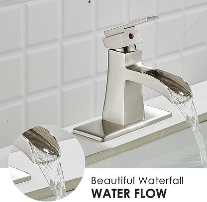 Brushed Nickel Waterfall Bathroom Faucet, Sanliv Single Handle Bathroom Sink Faucet with Pop-Up Drain & Deck Plate for 1 or 3-Hole (4 Inch Centerset) Modern Vanity Faucet Brushed Nickel